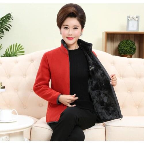 Middle-aged Sweatshirts Zipper Long-sleeved Fleece Jacket Women Plus size Stand collar Warm Thick Short Coat Solid Casual Tops