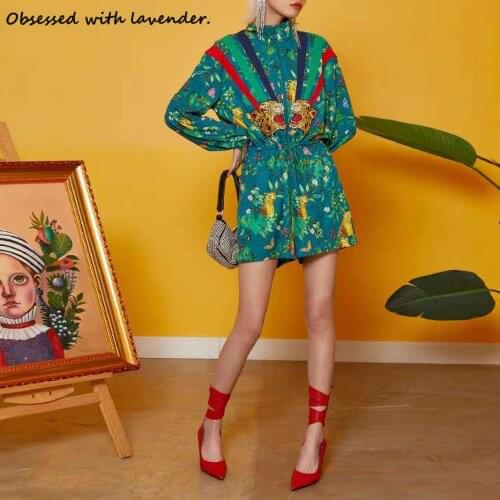 Obsessed with lavender.Fashion ladies green jumpsuit cartoon stripe drawstring waist leisure sports printed jumpsuit Summer