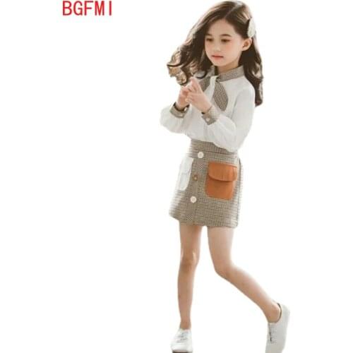 Summer Kids Clothes Set Autumn Spring Teenage Girls Sets for Long Sleeve Shirts + Plaid Skirts 2PCs Outfits Girls Clothing Set