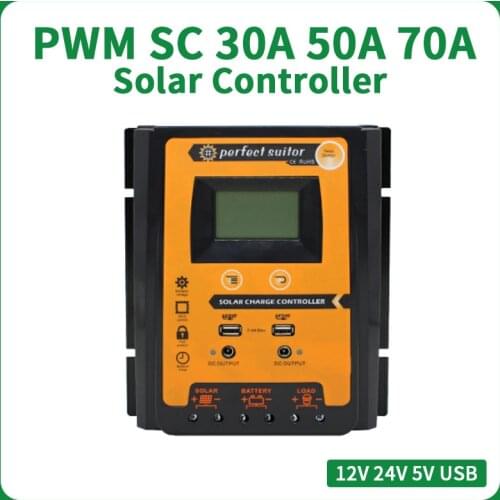70A 50A 30A MPPT SC PWM Solar Controller 12V 24V Solar Charge Controller IP32 Panel Battery Controller Regulator Dual USB LCD