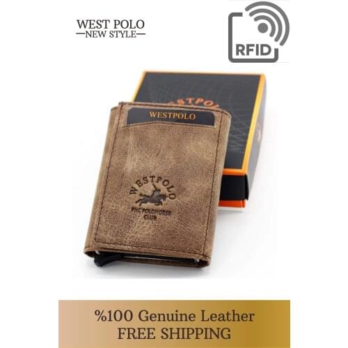West Polo Crazy Leather Mechanism Brown Mens Wallet Card Holder W22045551