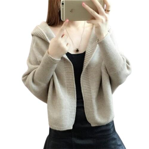 Short Coat Sweater Ladies Spring And Autumn New Long-Sleeved Loose Hooded Sweater Fashion Solid Color Bat Sleeve Ladies Jacket
