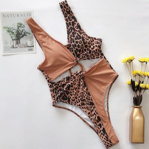 Leopard Brown Splicing One Piece Swimsuit Sexy High Cut Hollow Out Women Swimwear Female Bather Bathing Suit Swim Lady