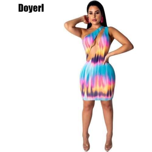 Summer Sexy Club Party Dress Women One Shoulder Print Sleeveless Bodycon Mini Dress Elegant Elastic Hollow Out Short Party Dress