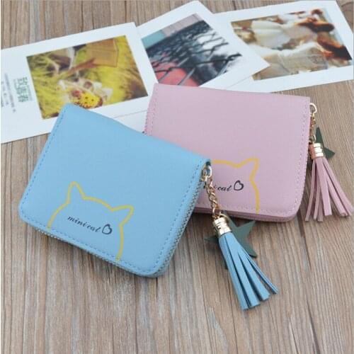 Cute Cat Ears Leather Vintage Tassel Women Wallet Small Day Clutch Trifold Female Purse ID Coin Card Holder Mini Bag