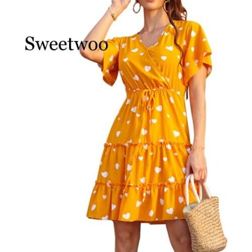 2020 Fashion Womens Dress Printed Dresses Trumpet Sleeve Women Casual Clothing Flowers Dress For Female Cascading Ruffle