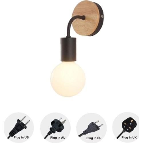 Minimalist Wooden Base Plug In Power Or Hardwired Vintage Style Wall Lamp Bulb Not Included