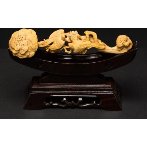 Bird Flower Ganoderma Ruyi Wood Carving Chinese Feng Shui Collection Home Decor Ornaments Men Business Mascot