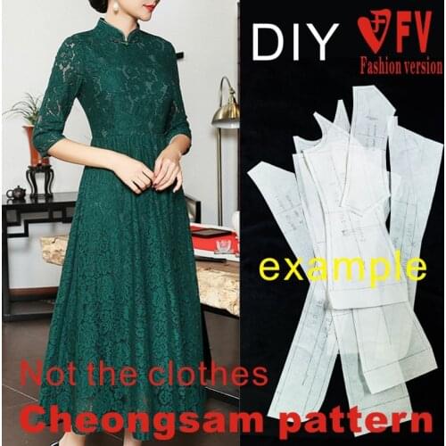 Large swing cheongsam pattern womens lace dress 1:1 garment sewing structure drawing BQP-38