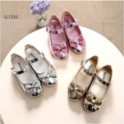 SLYXSH Spring Autumn Children Girls Leather Bow Shoes Fashion Bright Diamond Single Shoes Gold Kids Girls Baby Dance Shoes