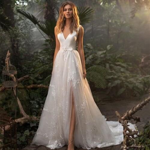 Wedding Dress V-neck A-Line 2021 With Side Slit Split Bridal Gown Charming Sweep Train Floor Length Lace Appliques Gorgeous