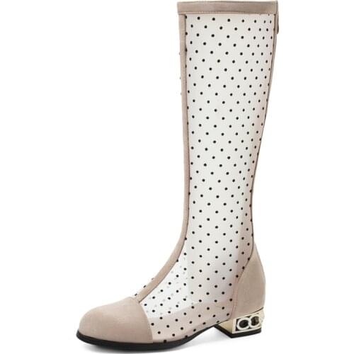 New Summer Knee High Boots Women Sexy Female Mesh Black Apricot Lowland Heel Boots Fashion Lady Back Zipper Round Toe Shoes M118