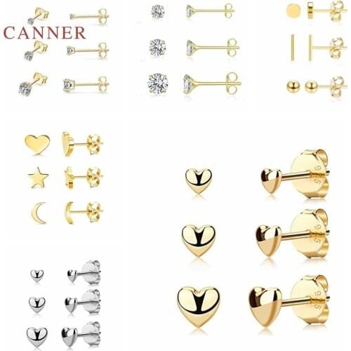 CANNER 3Pcs/Set 925 Sterling Silver Earrings For Women Ins Heart Stud Earrings Golden Jewelry Ear Piercing 2021 Trend Mom Gift