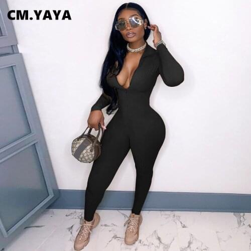CM.YAYA Women Jumpsuit Solid Full Sleeve Zip Stretchy Bodycon Skinny Pencil Jumpsuits Casual One Piece Overalls Fall Outfit 2021