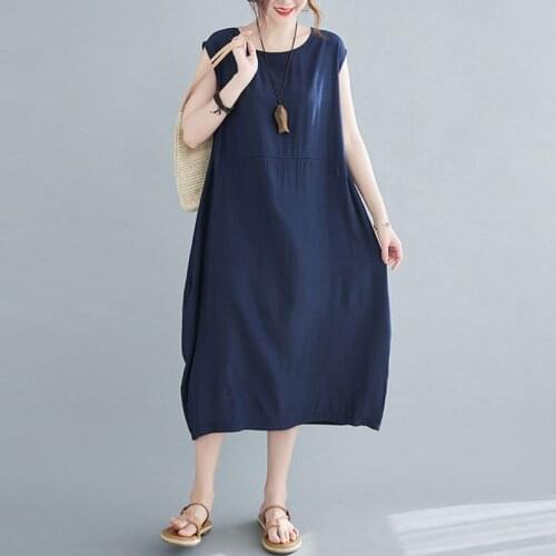Women Summer Cotton Linen Casual Dress New 2021 Simple Style O-neck Solid Color Loose Female Sleeveless Long Dresses S3618