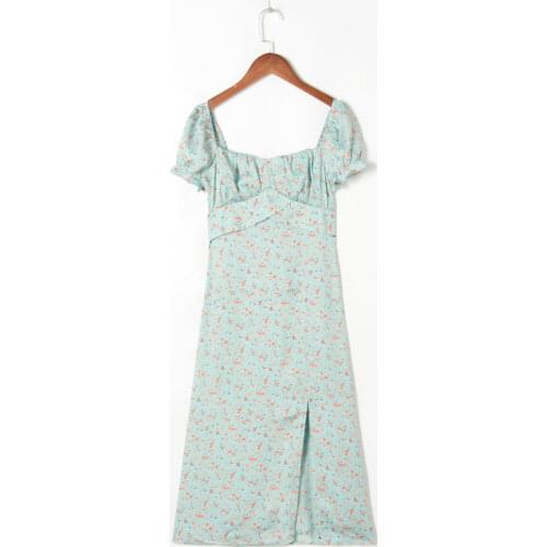 Summer Womens Casual Floral Print Square Neck Short Sleeve Split Slim Dress