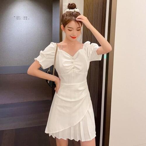 Sexy womens short puff sleeve dress French chiffon solid color V-neck irregular dress with ruffles