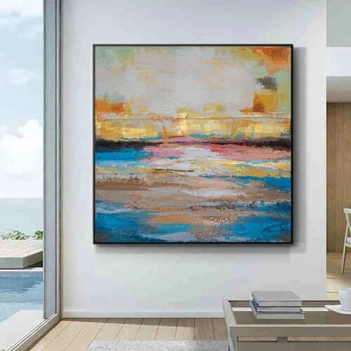 100% Hand Painted Modern Simple Sunrise Abstract Oil Painting on Canvas Wall Art Cloud Canvas for Living Room Decor No Frame