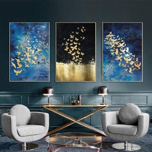 3 Panels Living Room Decoration Golden and Blue Wall Art Poster Toile Murale Etsy Shopify Dropship Canvas Painting for Home Deco