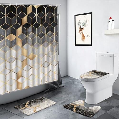3D Black Gray Geometric Pattern Shower Curtain Creative Cube Fashion Home Bath Mat Non-slip Rugs Toilet Mats Bathroom Decor Sets