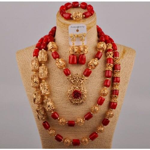 Nigerian Bride Wedding Dress Accessories African Womens Banquet Wedding Jewelry Red Natural Coral Necklace Set AU-465