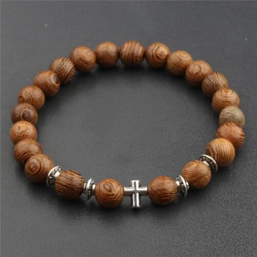 8 mm Natural Sandalwood Rosary Bracelets Men Leopard head Cross Crown Bracelets & Bangles Women Wood Beads Jewelry