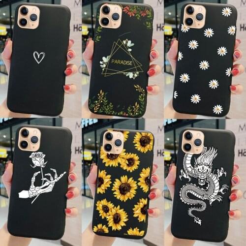 Black Case For Xiaomi Redmi Note 8 Pro 8T Phone Cover Cute Painted Flower Daisy Sunflower Dragon Protective Soft Silicone Bags