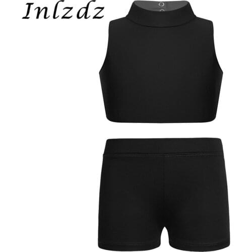 Kids Girls Ballet Leotard Costume Mock Neck Criss Cross Back Tanks Bra Crop Top with Boy-cut Low Rise Dance Shorts Active Set