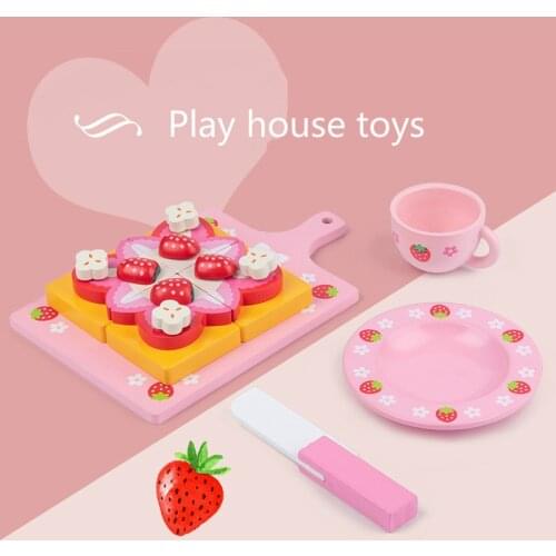 Childrens Play House Pink Strawberry Pizza Vegetable and Fruit Simulation Afternoon Tea Tableware Wooden Educational Toys