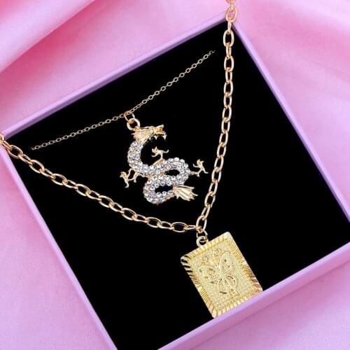 JJFOUCS Chinese Dragon Square Carved Butterfly Pendant Choker Necklace Fashion Gold Color Multilayer Chain Necklace Jewelry Gift