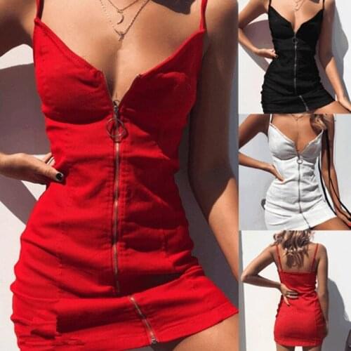Summer Sexy Women Dress Fashion Sleeveless Sling Buttock Dress Solid Zip Sling Dress Female