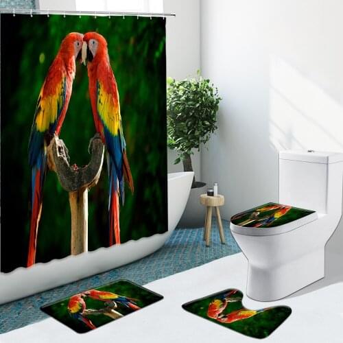 Cute Animal Colorful Parrot Shower Curtain Non-Slip Flannel Rugs Toilet Cover Bath Mat Bathroom Set Home Indoor Decor Washable