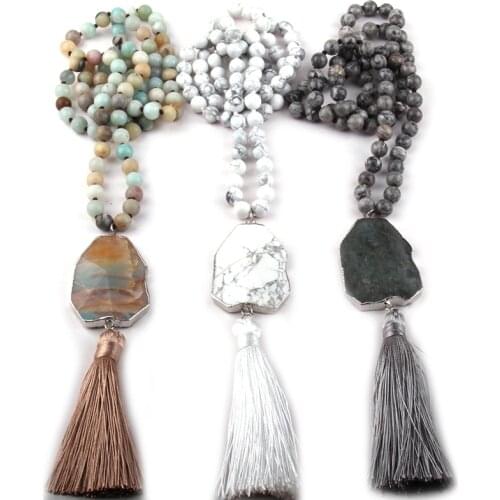Fashion Bohemian Jewelry Gray/White Stone Knotted Stone Tassel Necklaces For Women Ethnic Necklace