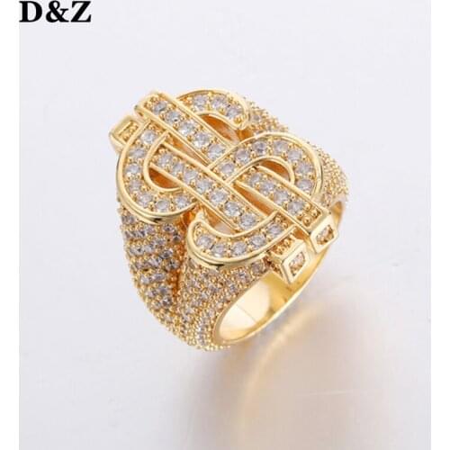 D&Z Fashion Rock US Dollar Sign Rings Iced Out Bling AAA Cubic Zircon Stones Hip Hop Ring for Men Jewelry