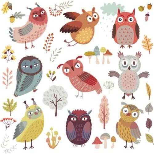 Cartoon Owls Set Patches For Clothing Transfers Leaves Eco-Friendly Diy T-Shirt Stripe Clothing Stickers Washable Badges Sticker