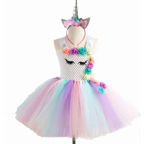 Flower Girls Unicorn Tutu Dress Pastel Rainbow Princess Girls Birthday Party Dress Children Kids Halloween Unicorn Costume 1-14y