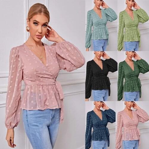 2021 Spring Autumn New Womens Light Ripe Temperament Fashion Pullover Long Sleeve V-neck Slim Light Ripe Shirt Chiffon Shirt