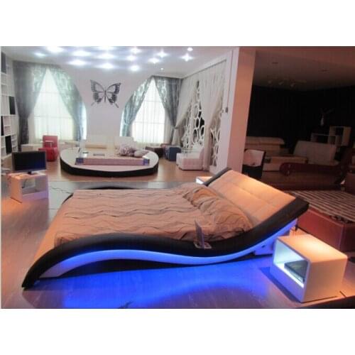Modern bedroom furniture with Genuine leather Queen bed furniture Led lighting King bed