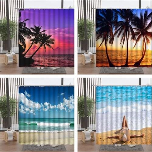 Romantic Beach Sea Coconut Tree Sunset Glow Shower Curtain Comfortable Beautiful Sexy Girl Bath Screen Waterproof With Hook