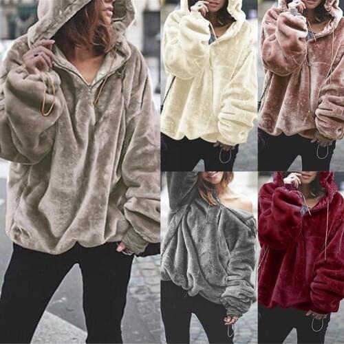 Casual Sweatshirts Women Autumn Solid Color Long Sleeve Zipper Warm Plushy Loose Hoodie 2021 New Fashion Women Streetwear Tops