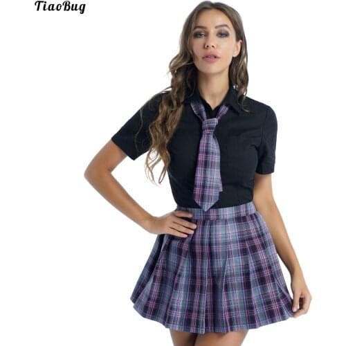 Women Schoolgirl Uniform Student Role Play Costume Outfits Short Sleeve Button Down Shirt With Plaid Pleated Skirt Bow Tie