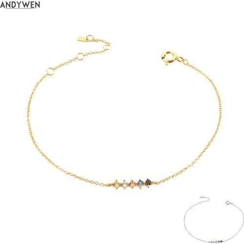 ANDYWEN 2020 New 925 Sterling Silver Gold Colorful Sage Line Four Zircon Charm Chain Bracelet Women Luxury 2021 Wedding Jewelry