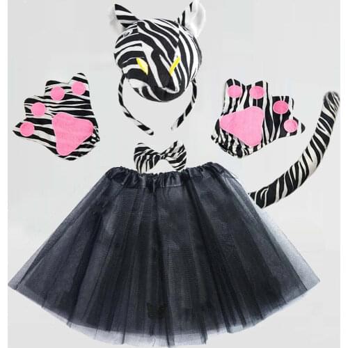 Women Girls Boys Party Halloween Christmas Animal Jungle Zebra Costume Set Long Ears Tail Bow Paw Fancy Dress Cosplay Props