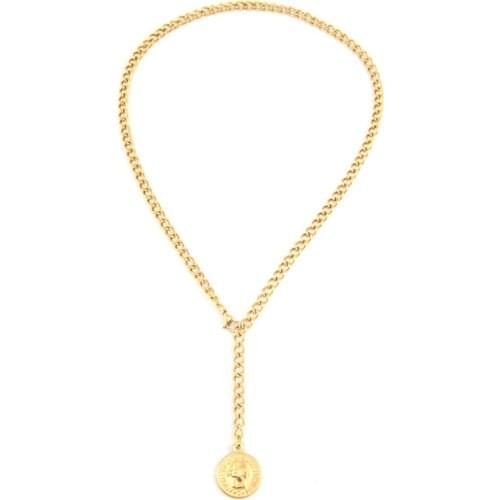 WOMEN Long Lasso CHOKER twist Cuban NECKLACE Lucky Coin pendant Stainless steel Collares Gift jewelry