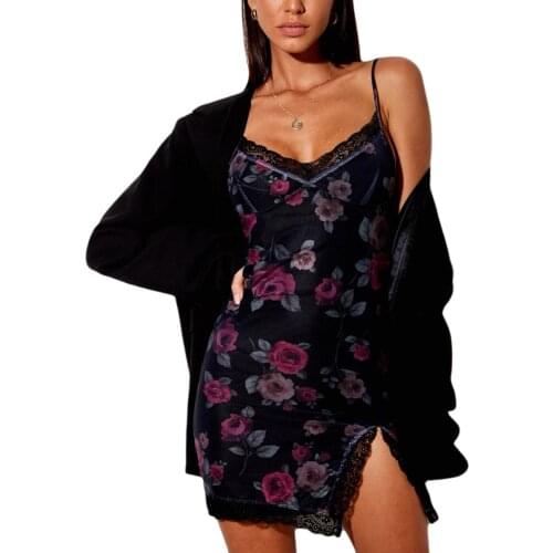 Womens Sexy Bodycon Mini Dress Cute V-Neck Spaghetti Strap Sleeveless Lace Trim Split Hem Cami Dress