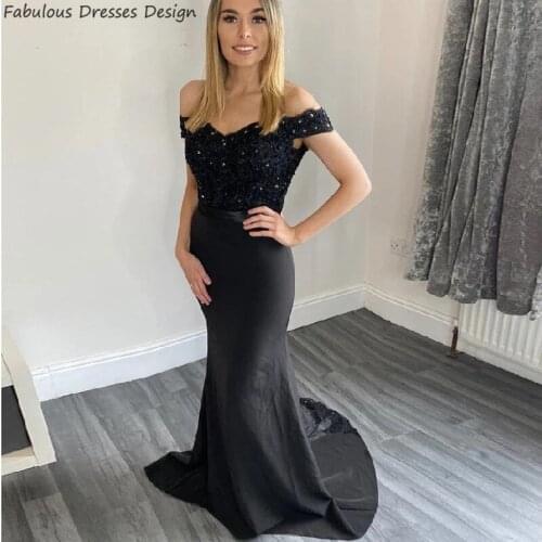 Off The Shoulder Black Prom Dresses Applique Lace Crystal Mermaid Vestido 2020 Sweep Train Long Evening Dress Party For Women