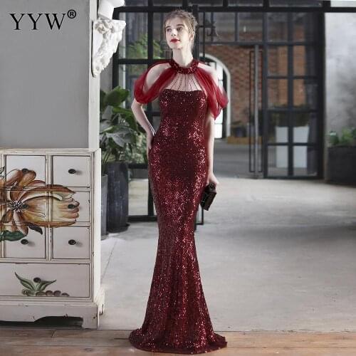 Women Shinning Sequin Evening Dresses Backless Cocktail Party Dress Long Formal Vestido Banquet Night Dinner Robe De Soiree 2021