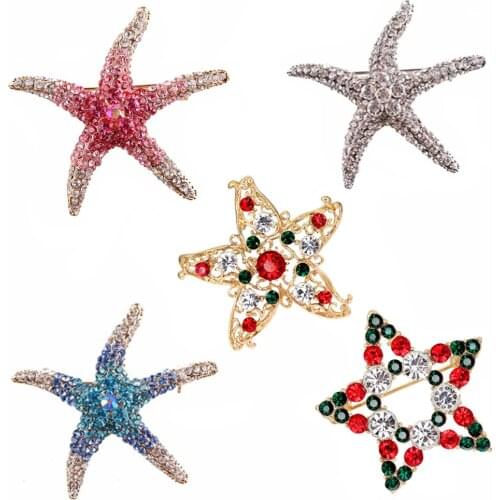 Full Rhinstones Starfish Brooch Red Blue Green Blue Animal Sea Star Brooches For Women Brooch Pin Jewelry Accessories