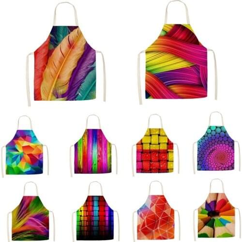 1Pcs Kitchen Apron Rainbow Colorful Geometric Printed Sleeveless Cotton Linen Aprons for Men Women Home Cleaning Tools 55*68cm