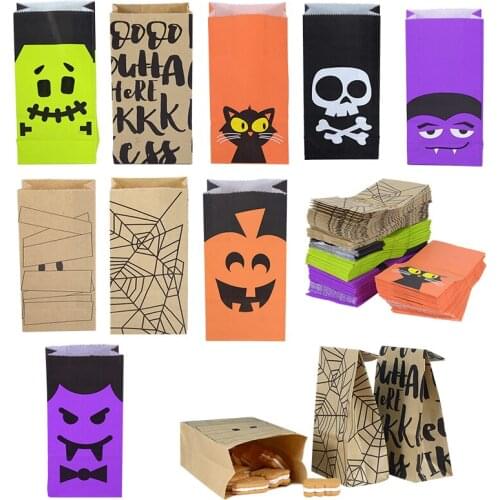 10/20pcs Cartoon Halloween Snacks Bag Kraft Paper Bag Candy Cookie Bread Bags Biscuits Baking Packages Pumpkin Wrapping Supplies